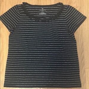 EUC Talbots Navy Stripe Linen Pom-Pom T Shirt
